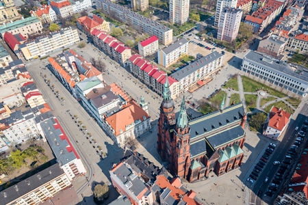 Aerial drone view on Legnica town square and Peter and Paul catholic cathedral. Legnica, Lower Silesia, Polandの写真素材