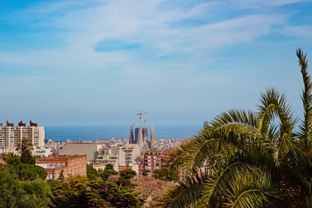 View on Barcelona and Sagrada Familia basilica from Park Guell. Barcelona, Catalonia, Spainのeditorial素材