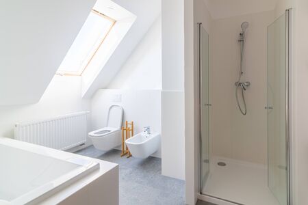 Modern bright apartment bathroom with toilet and bidetの写真素材