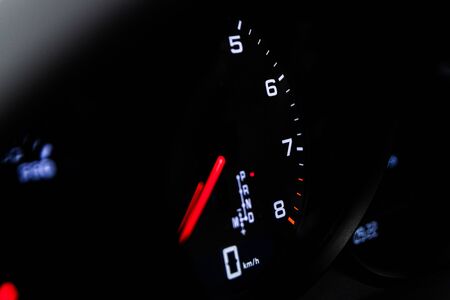 Tachometer and dashboard in a sports car.の写真素材