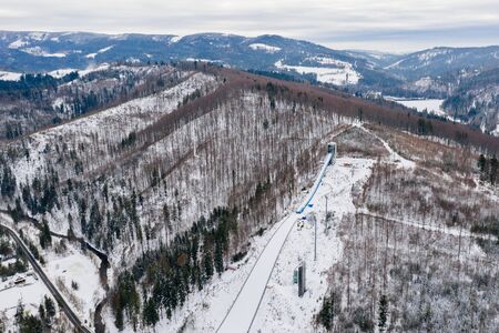 Aerial drone on ski jump tower in Wisla Malinka. Wisla, Silesian Beskid, Polandの写真素材
