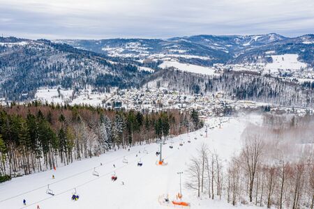 Aerial drone on ski jump tower in Wisla Malinka. Wisla, Silesian Beskid, Polandの写真素材