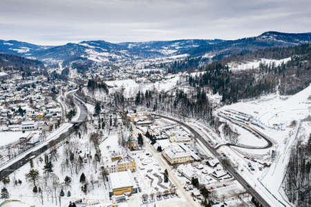 Aerial drone view on Wisla town at winter. Wisla, Silesian Beskidの写真素材