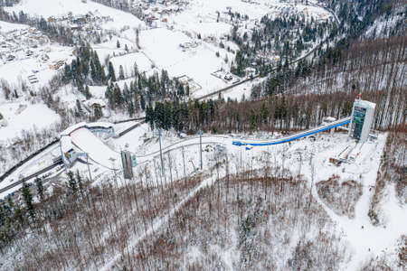 Aerial drone on ski jump tower in Wisla Malinkaの写真素材