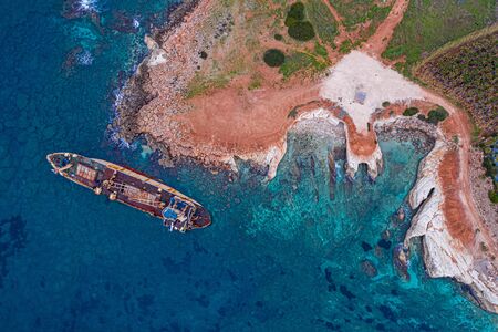 Aerial drone view ship wreck on the beach. Pegeia near Paphos on Cyprusの写真素材