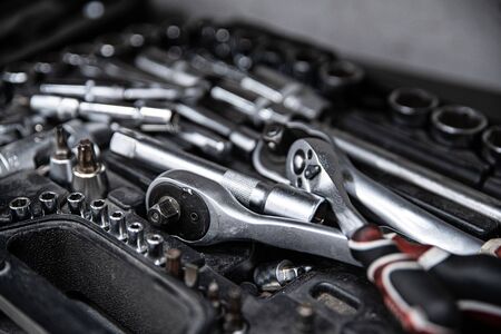 Used wrench and tools in mechanic tool boxの写真素材