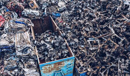 Drone above view on metal junkyard. Destroyed carsの写真素材
