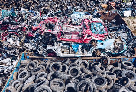Aerial drone view on car junkyard with car wrecksの写真素材