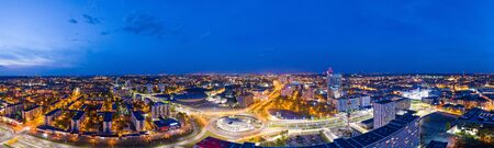 Panoramic drone aerial view on Katowice center at night