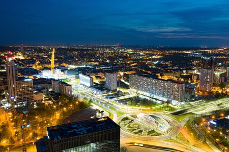 Drone aerial view on Katowice center at nightの写真素材