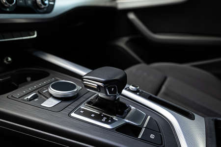 Modern car interior. Automatic gearshift change lever.