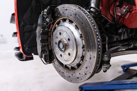 Modern sports car braking system and suspension.