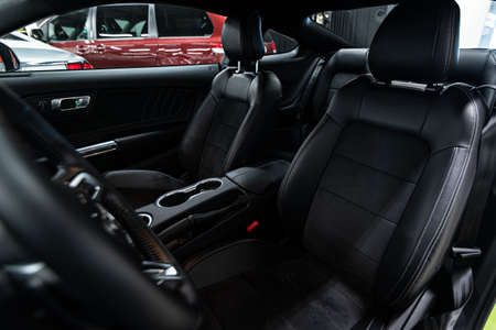 Luxury sports car black leather seats.の写真素材