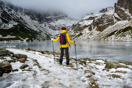 Nordic walking in beautiful high mountains.の写真素材
