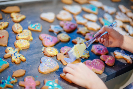 Decorating gingerbread. Christmas time at homeの写真素材