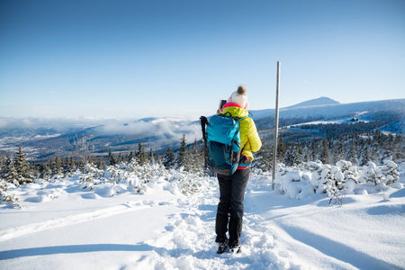 A tourist in a yellow jacket and a blue backpack takes a photo with a phone on a mountain trail.の写真素材