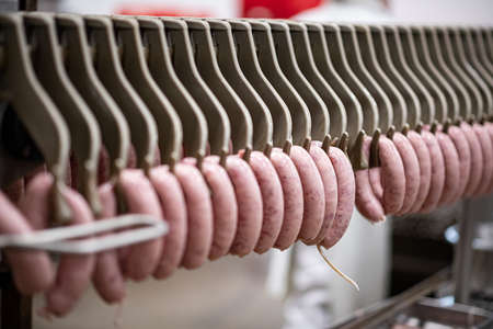 Production hall for sausages and meat products in a modern meat factory.の写真素材