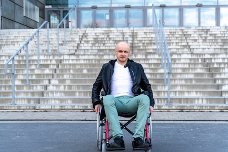 Silhouette of joyful disabled man in wheelchair front of the stairs.の写真素材