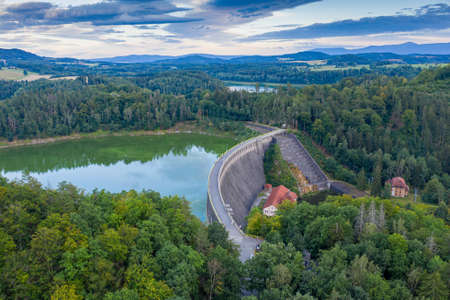 Aerial view of the dam and the lake in Pilchowice.の写真素材