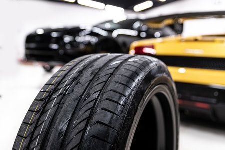 Modern car tire change service. spring wheel and tiresの写真素材