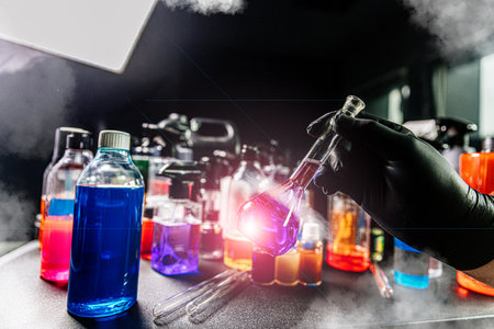 Chemical laboratory with bottles with different liquids
