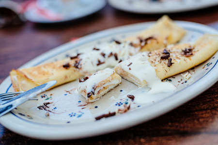 Pancake with cottage cheese, topped with cream.の写真素材