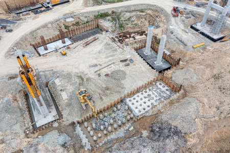 Aerial view of road or bridge construction site.