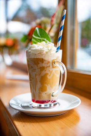 Latte coffee in a tall glass with whipped cream and mint leaf.の写真素材