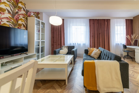 Living room with sofa bed, TV viewing area
