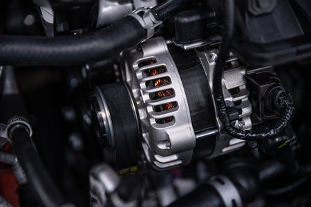 Alternator under the hood of a modern car.