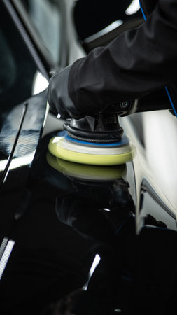 Car paint polishing in a car detailing studio