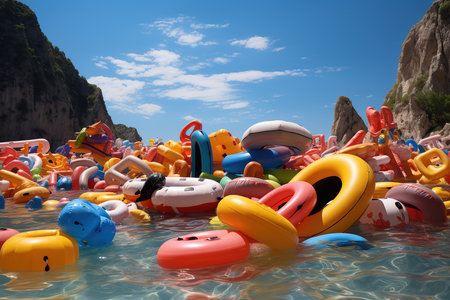Multitude of inflatable beach accessories on a beautiful exotic beach by the sea.