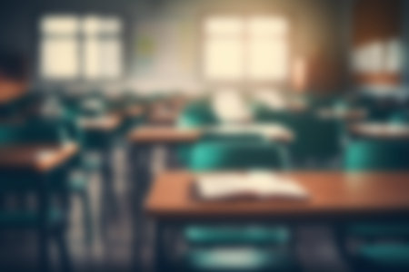 Blurred school background, empty classroomの写真素材