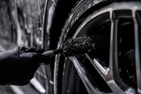 Employee of a car wash or car detailing studio cleans the aluminum rimsの写真素材