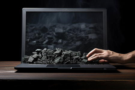 Portable laptop computer with a black coal on the screenの写真素材