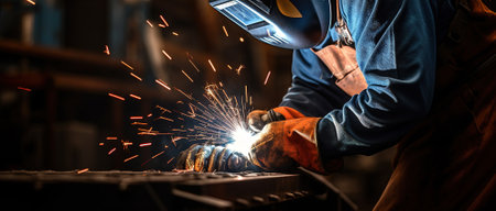 Man dressed in a protective welding mask is welding metal