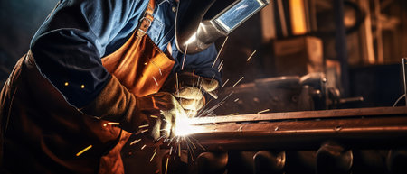 Man dressed in a protective welding mask is welding metal