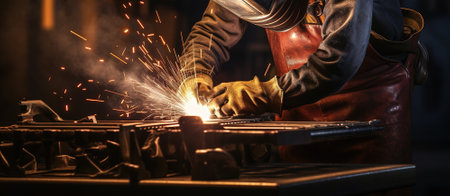 Man dressed in a protective welding mask is welding metal