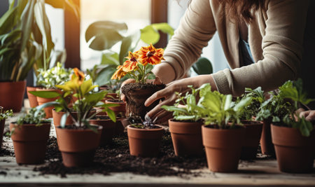 Woman tends to and repots her houseplants at homeの写真素材