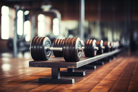 Dumbbells, weights, and plates on a shelfの写真素材