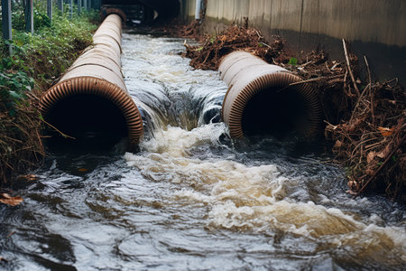 Pipes discharging sewage into the riverの写真素材