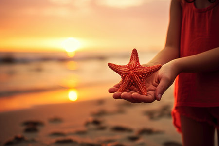 Child holds a red starfish in their handの写真素材
