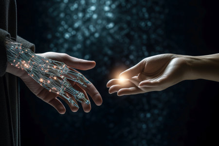 Womans hand holds a cybernetic handの写真素材