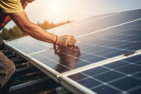 Technician installs photovoltaic solar panels on the roofの写真素材