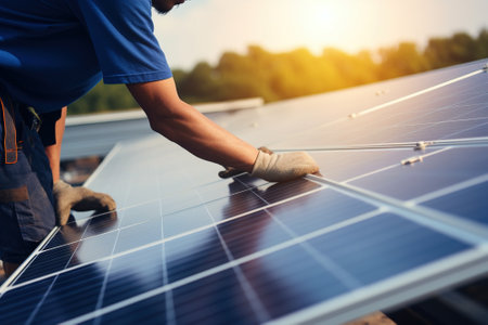 Technician installs photovoltaic solar panels on the roofの写真素材