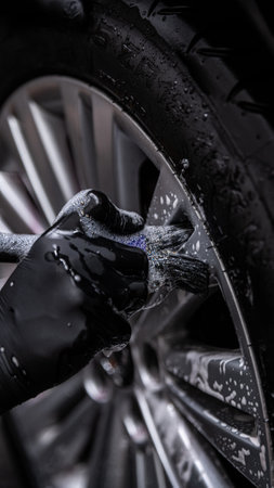 Employee of the car detailing studio or hand car wash thoroughly cleans an aluminum car wheelの写真素材