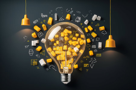 Glowing light bulb on a dark gray background surrounded by symbols symbolizing brainstorming.