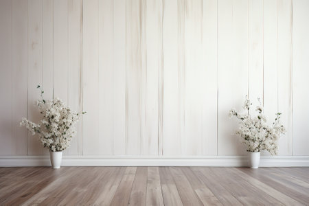 Bright white wooden wall and wooden floorの写真素材