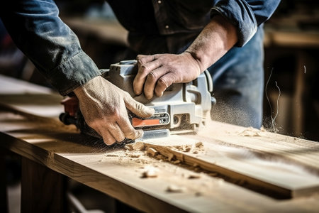 Carpenter cuts a wooden board with an electric saw in his workshop