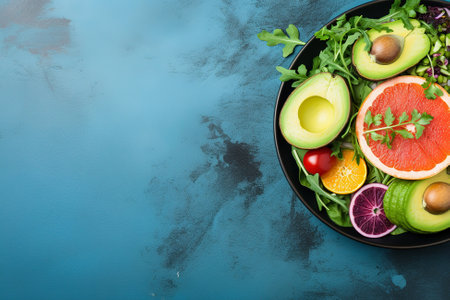 Salad made of fresh vegetables on a plate on a pastel background. Space for a message, copyspace.